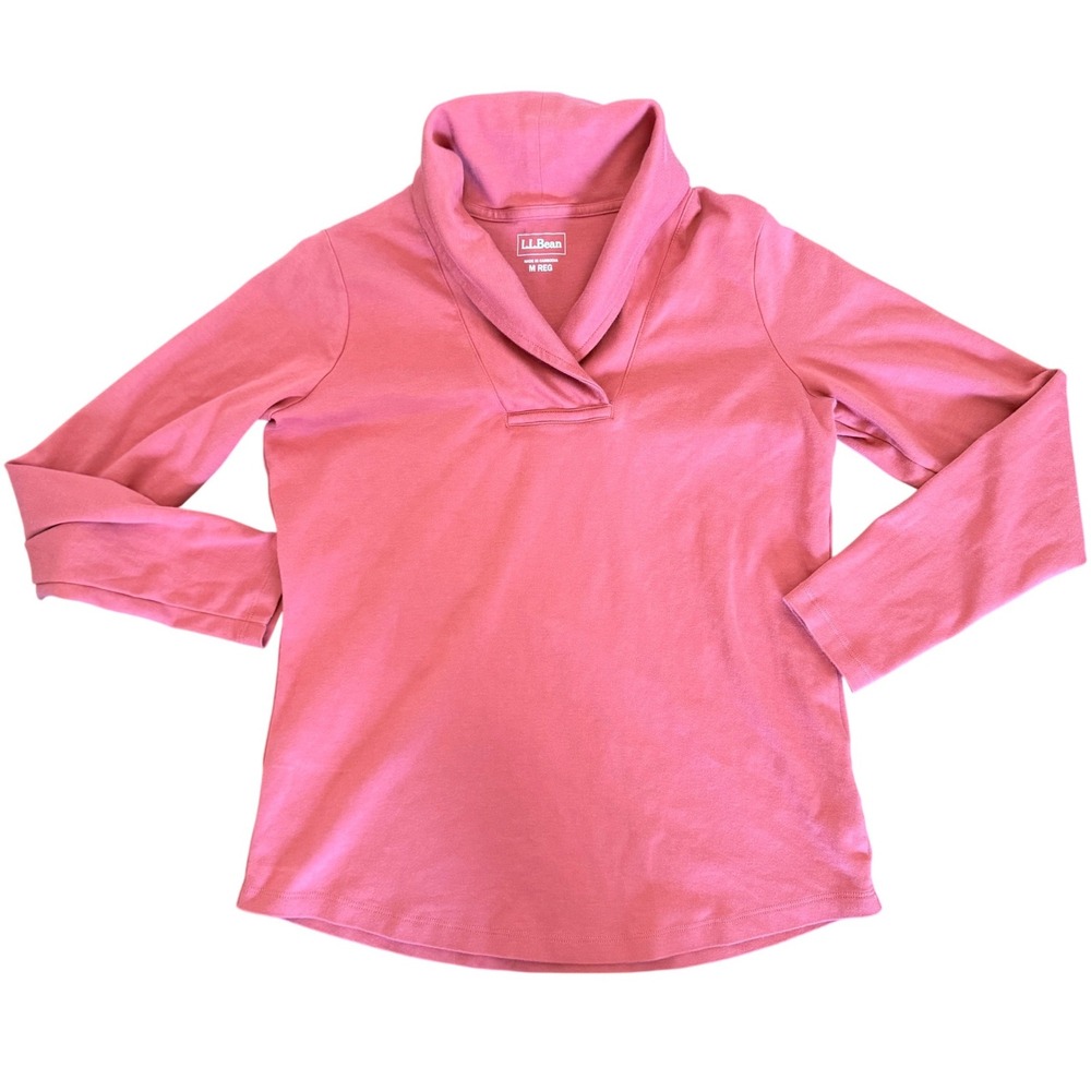 LL Bean Womens‎ M Regular Coral Pink 100% Cotton Shawl Collar Long Sleeve Top